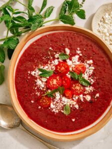 A bowl of strawberry and tomato gazpacho.