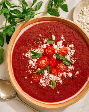 A bowl of strawberry and tomato gazpacho.