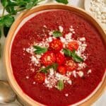 Close up on a bowl of tomato gazpacho.