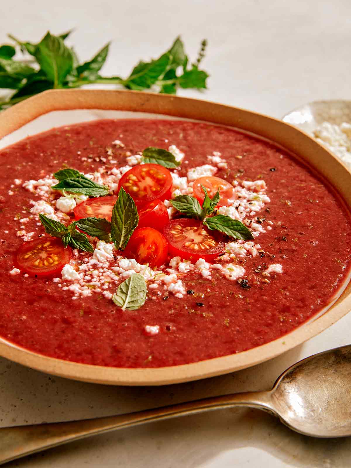 Strawberry and tomato gazpacho recipe in a bowl. 