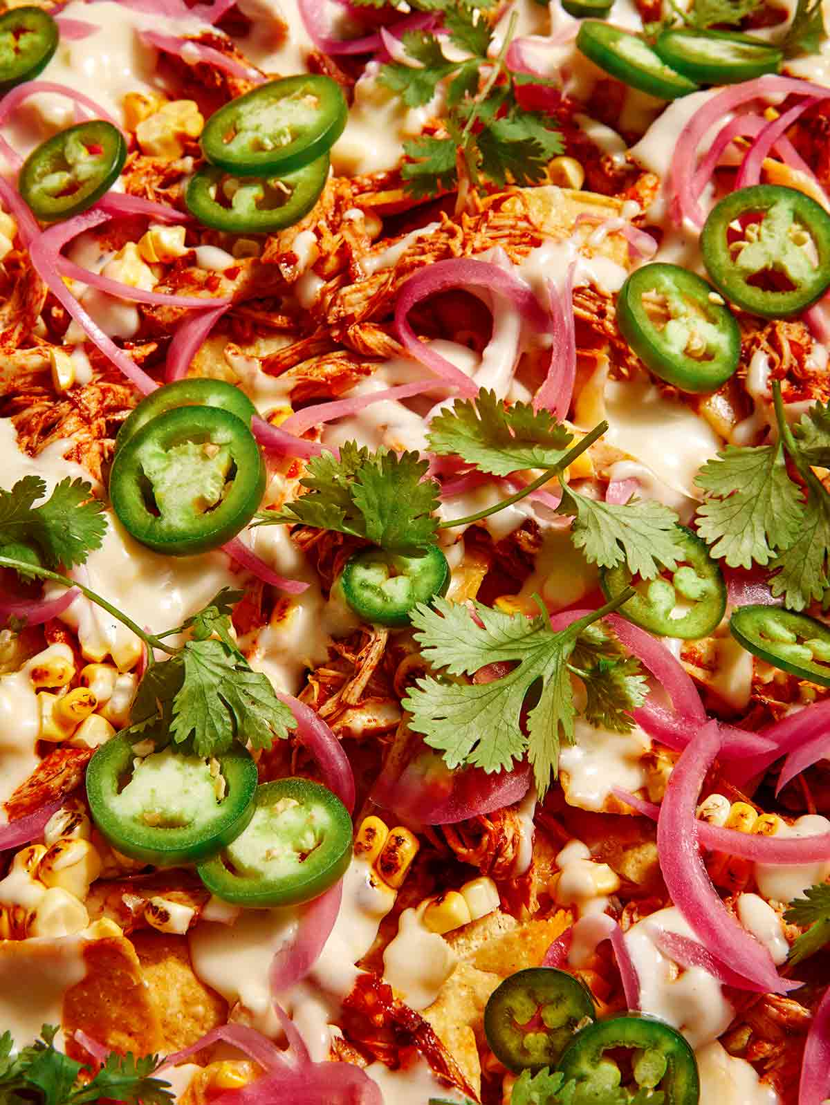 Close up on a pan of nachos.