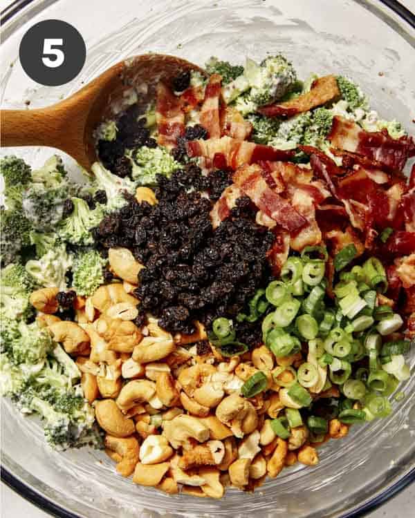 Broccoli salad ingredients in a bowl. 