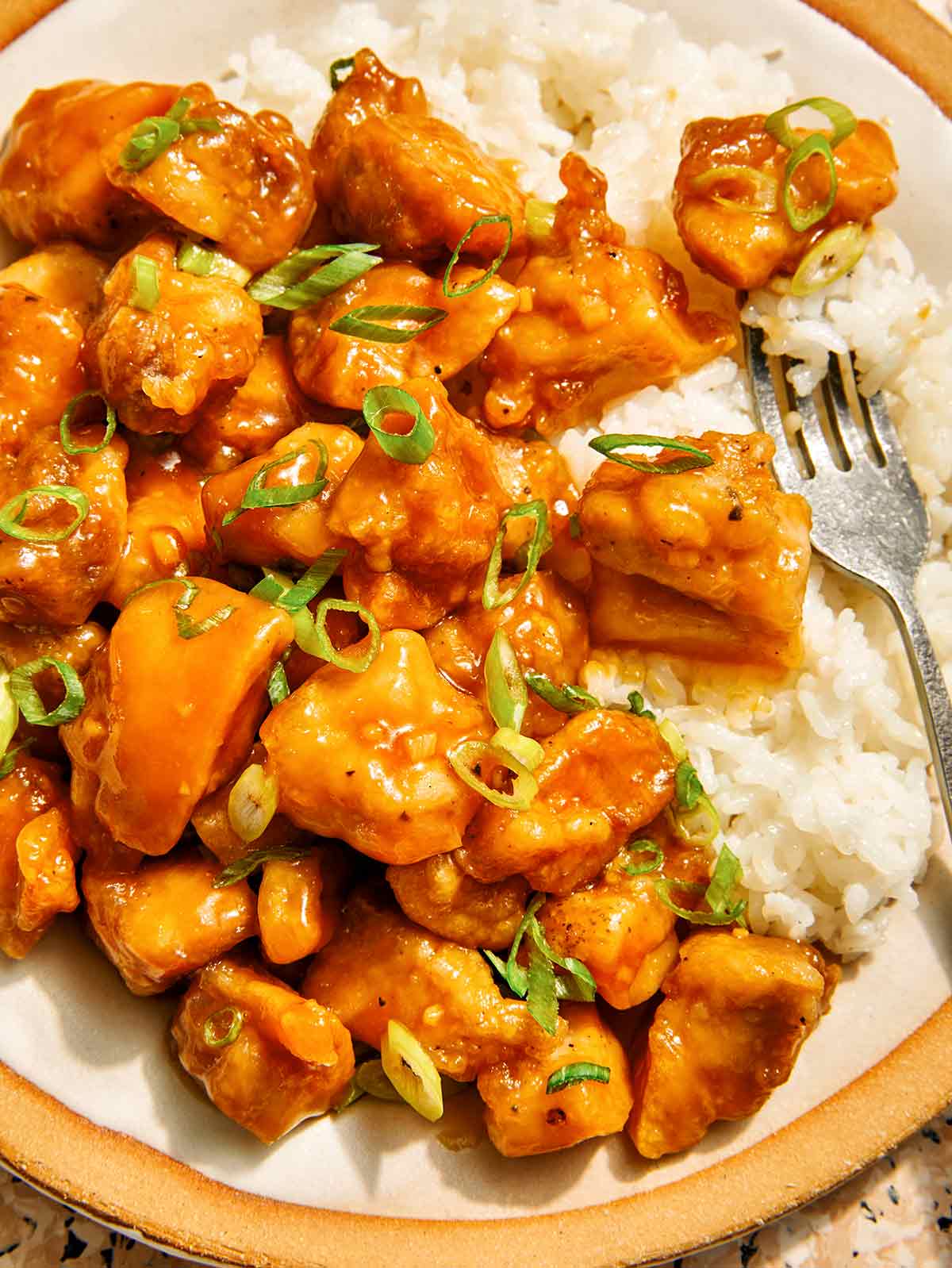 Close up on a plate of orange chicken.