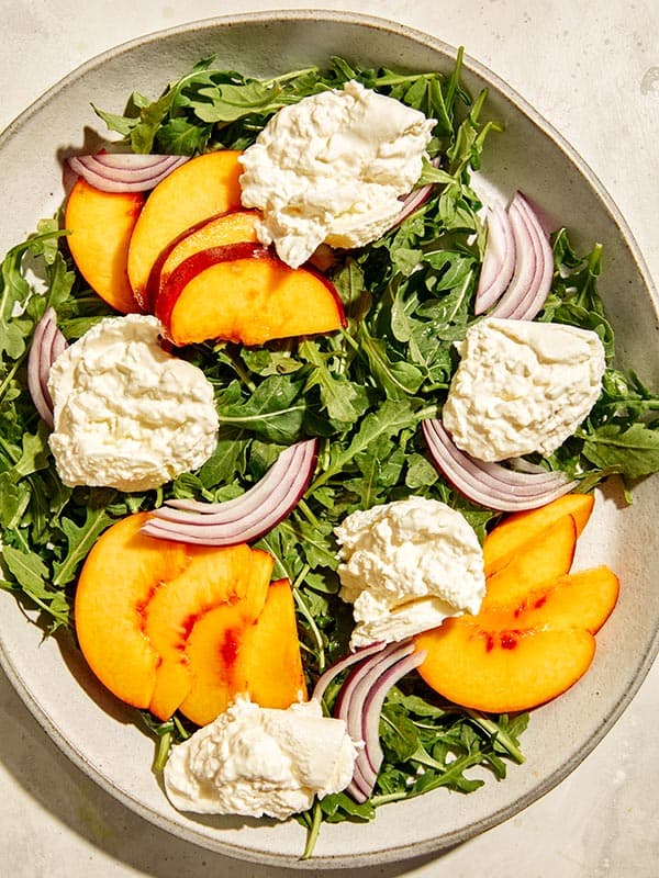 Peach and burrata salad recipe with steak. 