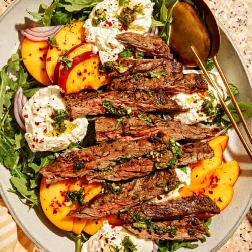 Grilled Steak Salad recipe in a platter.