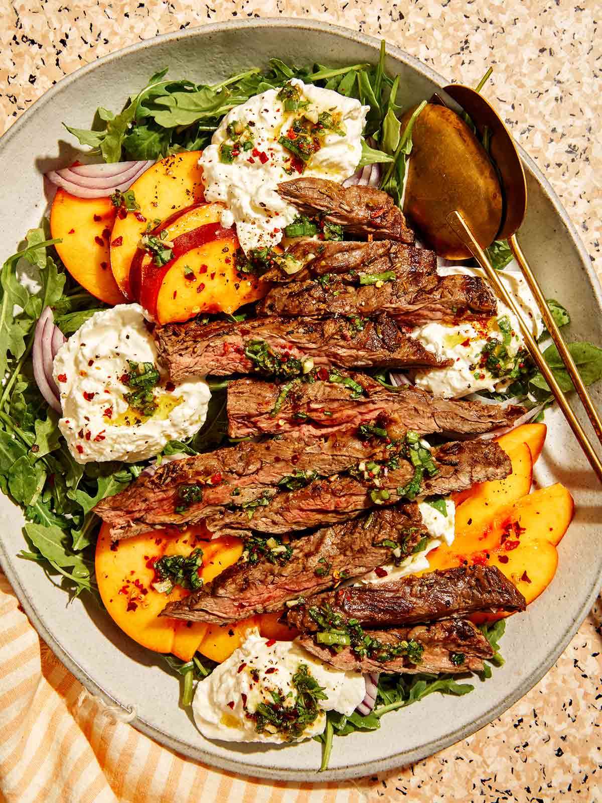 Grilled Steak Salad recipe in a platter. 