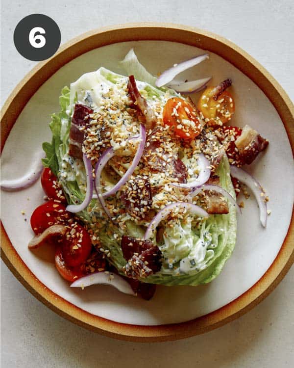 A finished wedge salad recipe in a bowl.