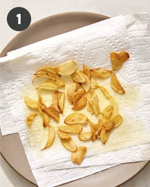 Fried garlic on a paper towel.