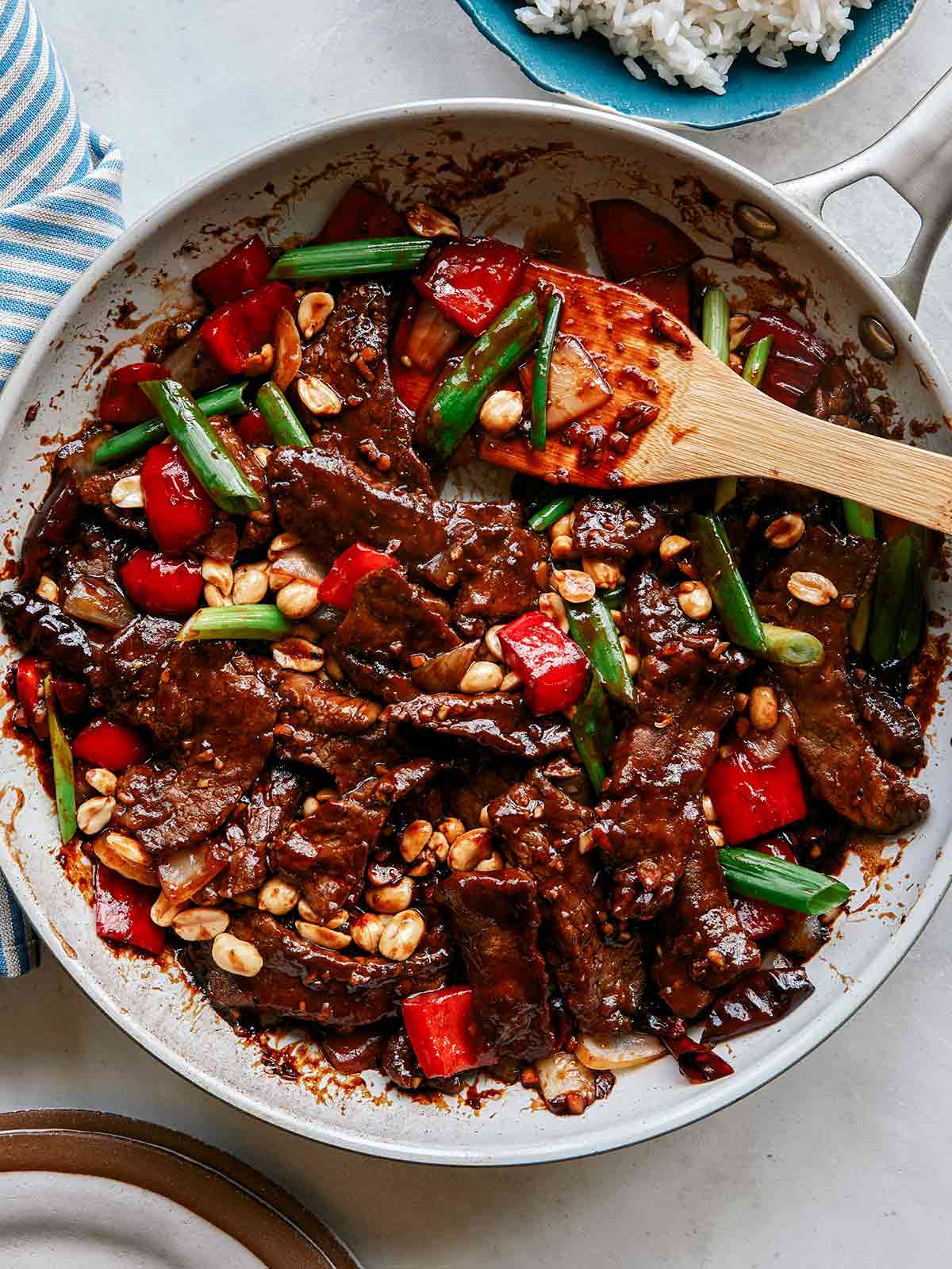 Kung pao beef in a skillet. 