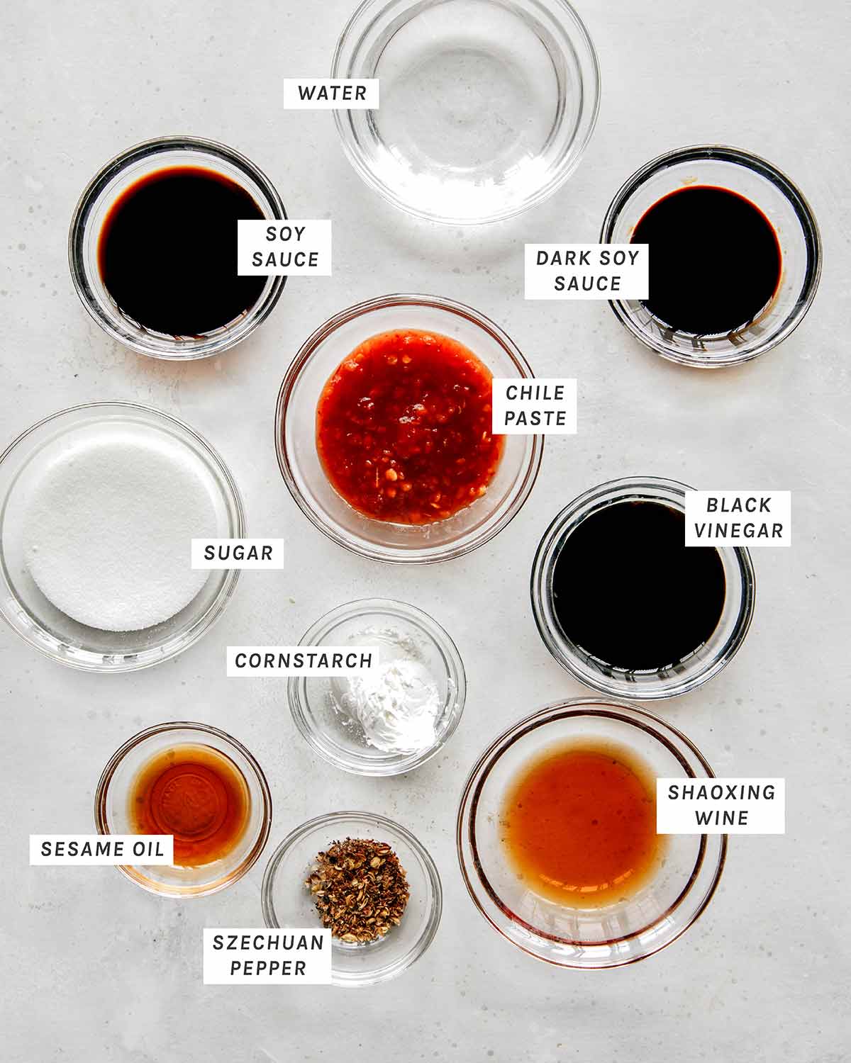 Sauce ingredients for Kung Pao on a kitchen table.