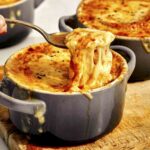 French onion soup recipe in bowls.