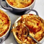 French onion soup recipe in bowls.