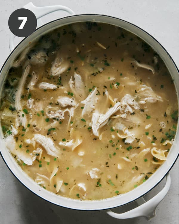 Chicken noodle soup in a stock pot cooking. 