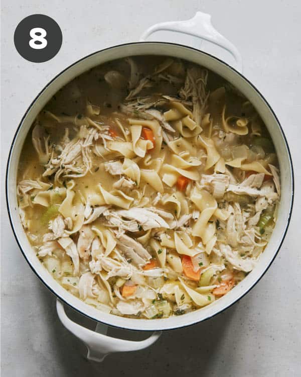 Chicken noodle soup recipe in a stock pot. 