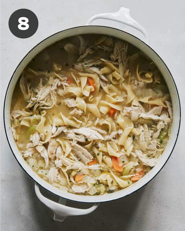 Chicken noodle soup recipe in a stock pot.