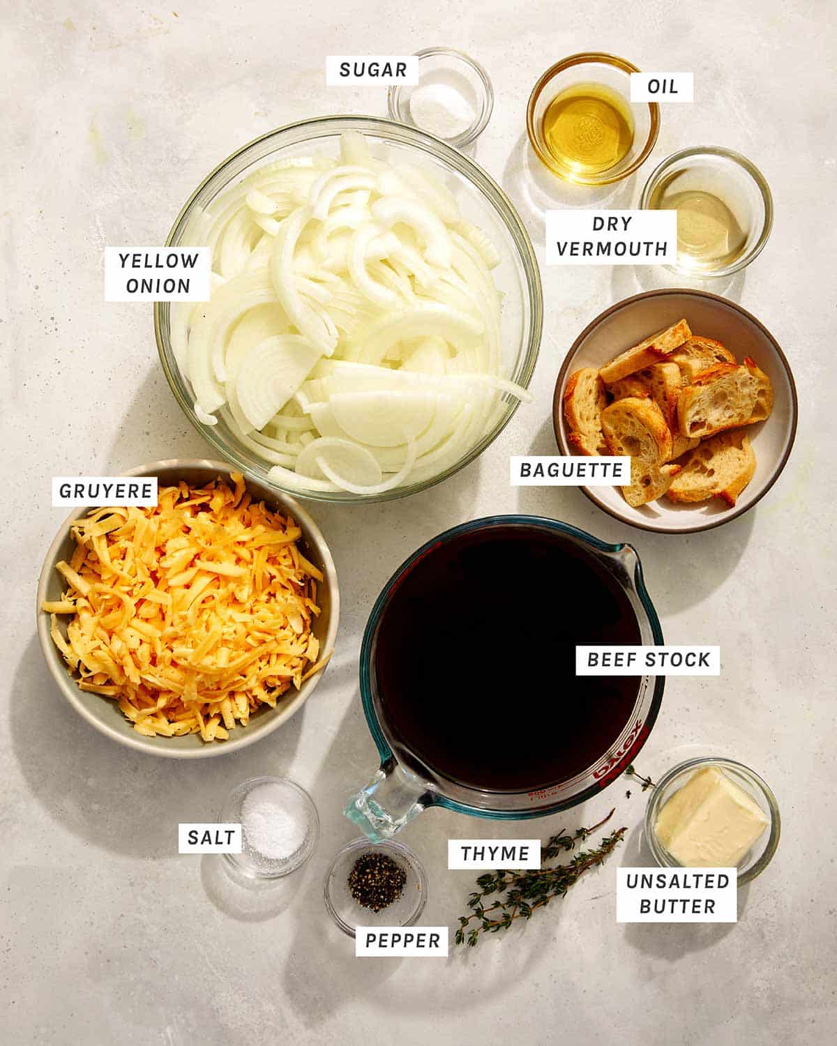 French onion soup ingredients.