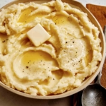 Mashed potatoes in a bowl with a spoon on the side.