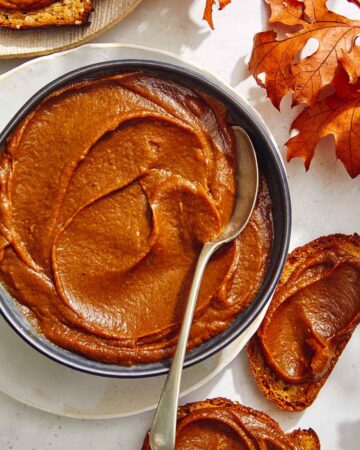 A sweet pumpkin butter recipe in a bowl and smeared on toast.