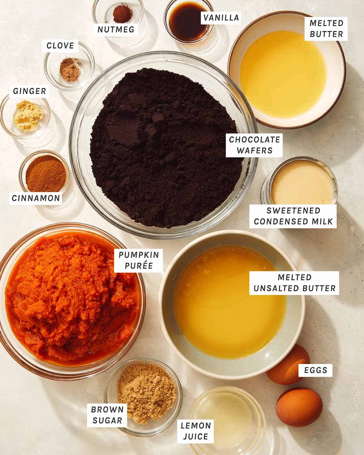 Pumpkin pie ingredients on a kitchen counter. 
