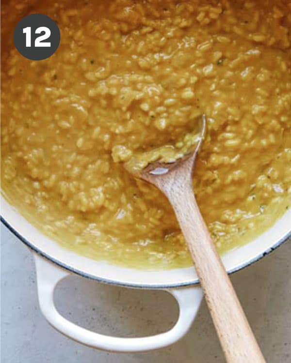 A finished batch of pumpkin risotto in a bit stock pot.