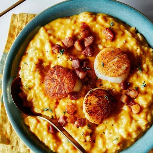 Pumpkin risotto with seared scallops.