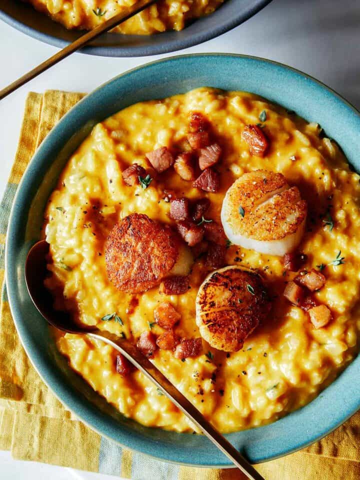 Pumpkin risotto with seared scallops.