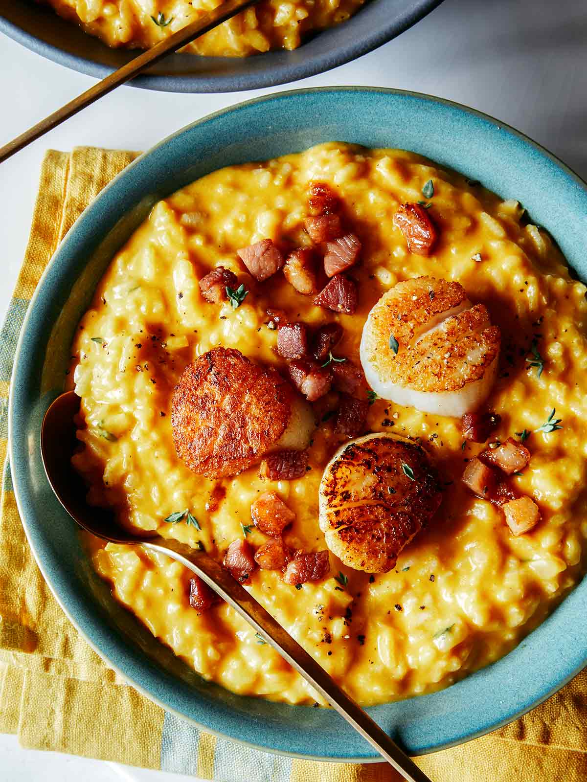 Pumpkin risotto with seared scallops. 