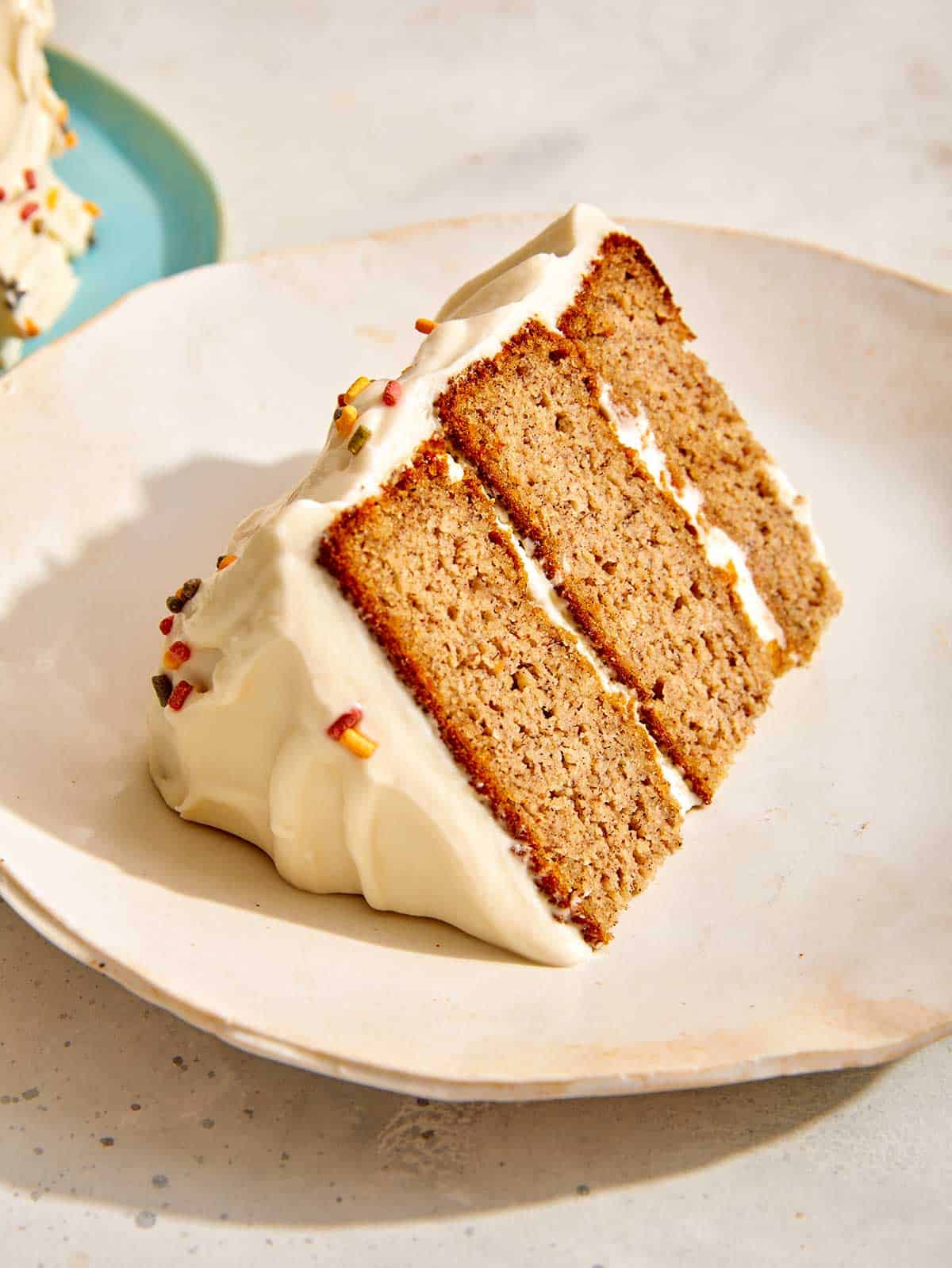 A slice of a banana date smash cake.