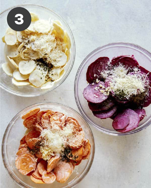 Bowls of root vegetables with cream and cheese.