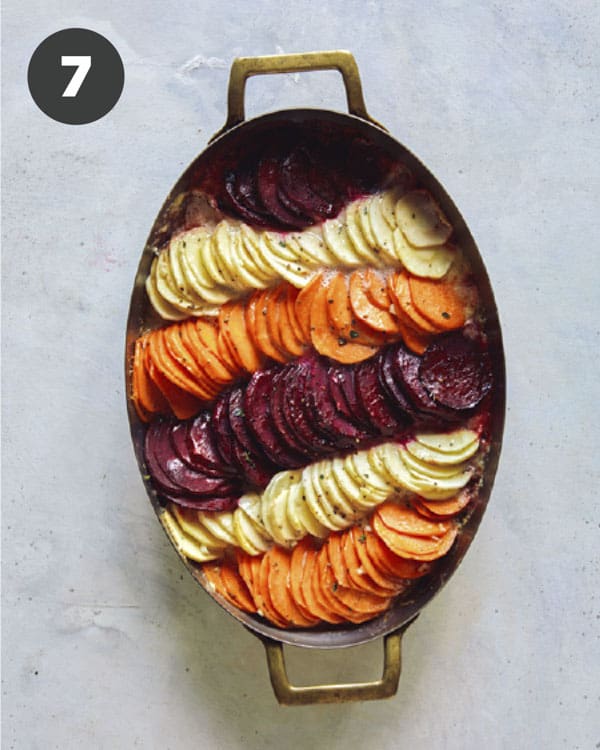 A baking dish with root vegetable gratin.