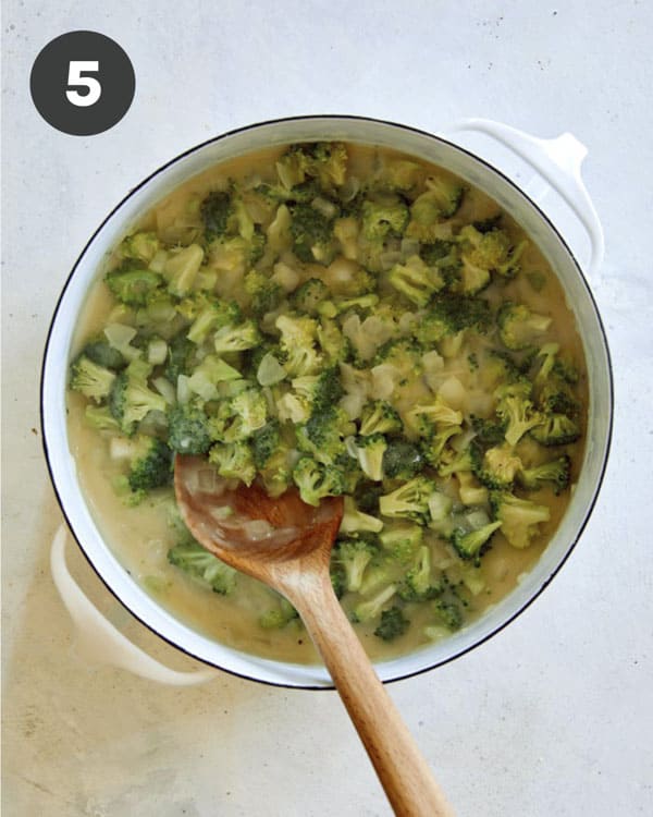 Broccoli cheddar soup with celery soup made in a stock pot.