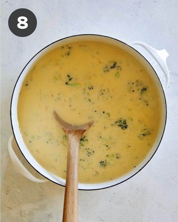 Broccoli cheddar soup in a stock pot.