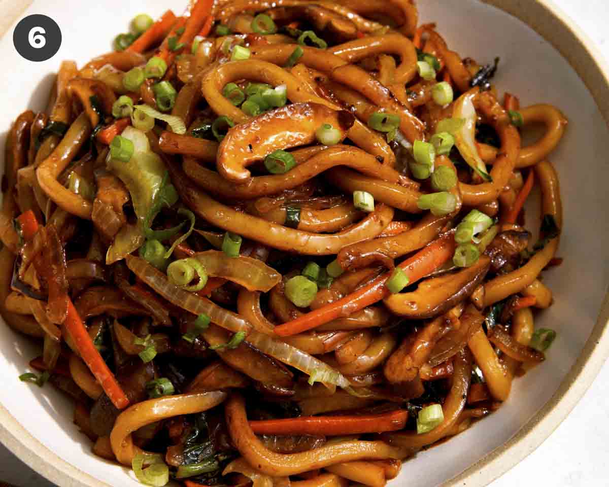 Udon noodles in a bowl with green onions on top. 