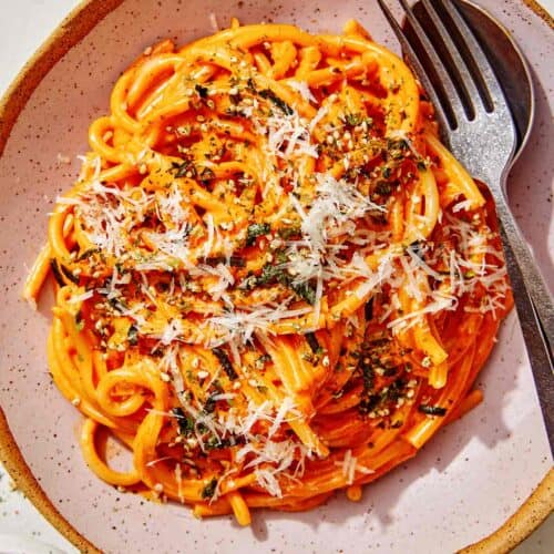 Creamy gochujang noodles in a bowl.