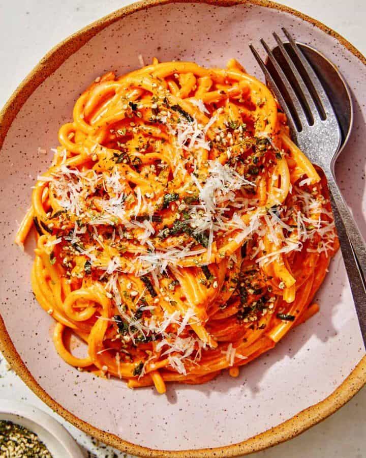 Creamy gochujang noodles in a bowl.