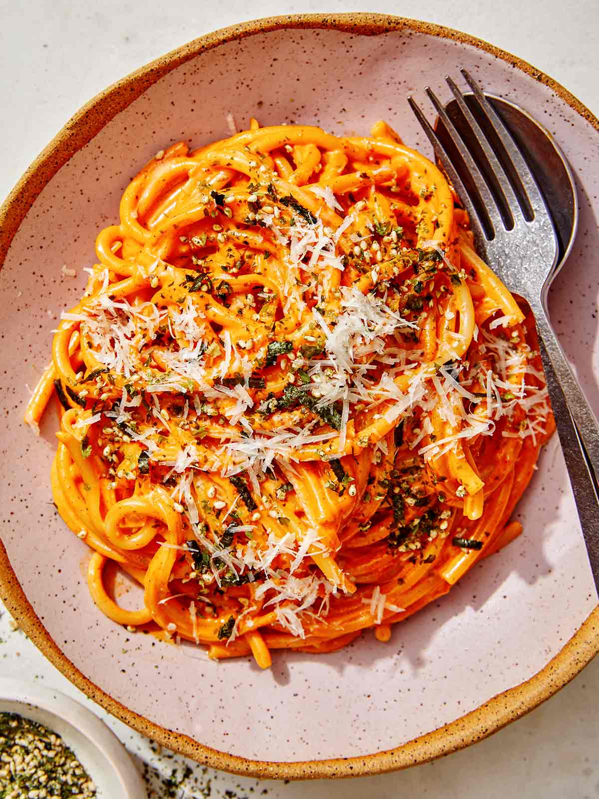 Creamy gochujang noodles in a bowl. 