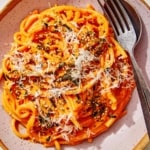 Gochujang pasta in a bowl.