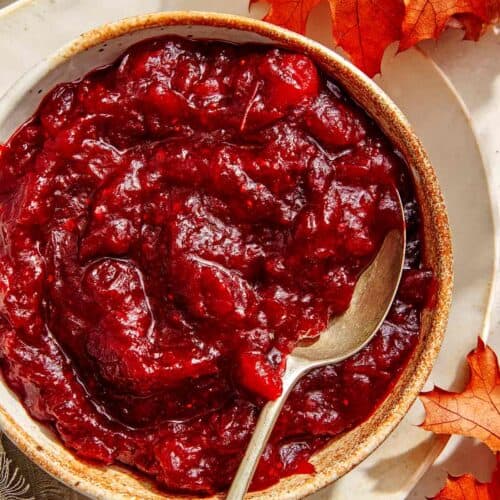 Cranberry sauce recipe in a bowl with a spoon.