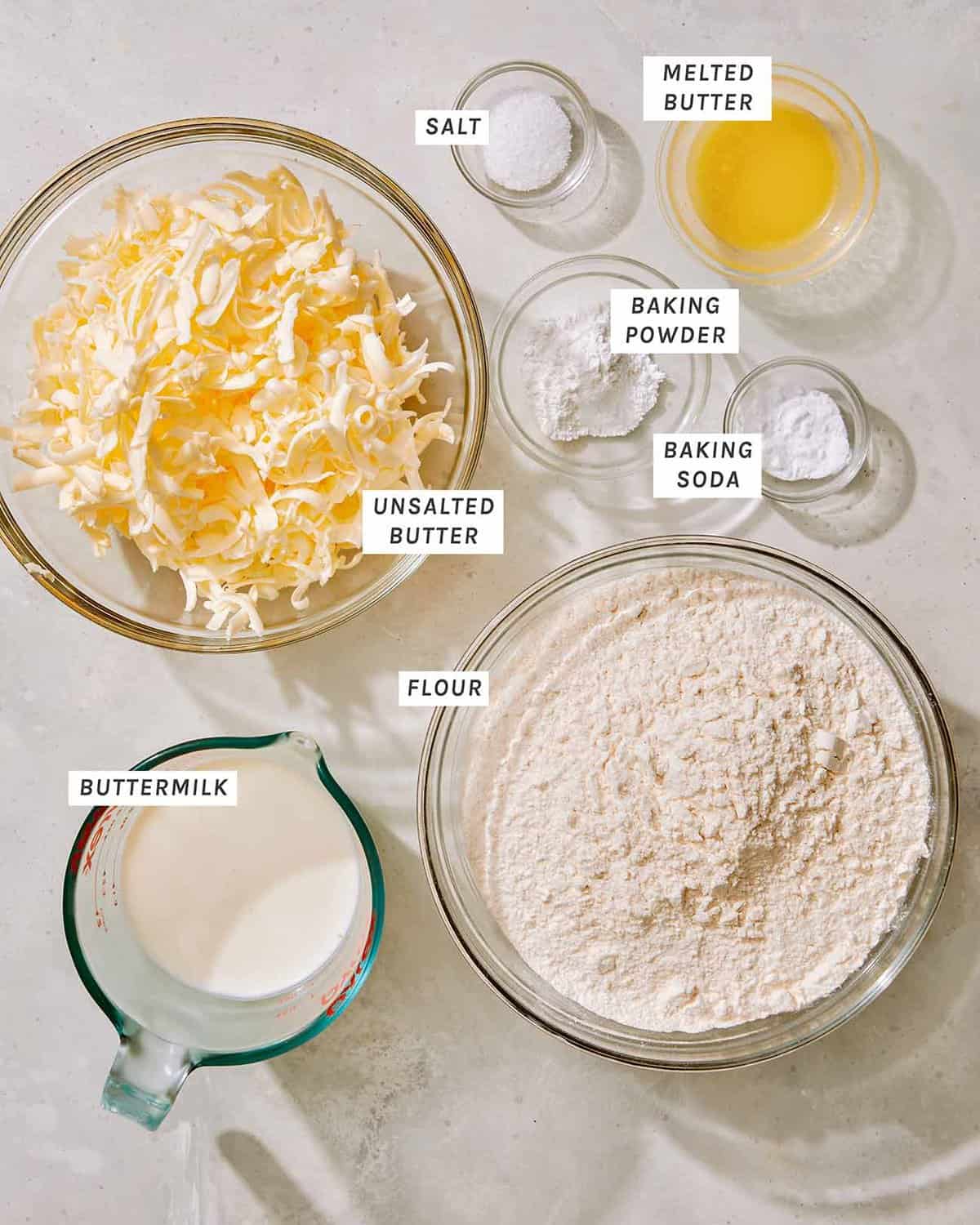 Buttermilk biscuit ingredients on a counter. 