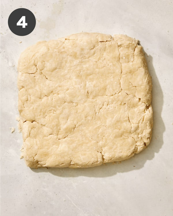 Buttermilk biscuit dough formed into a slab. 