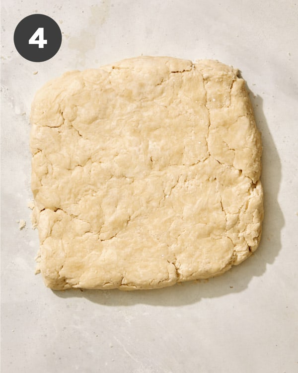 Buttermilk biscuit dough formed into a slab.
