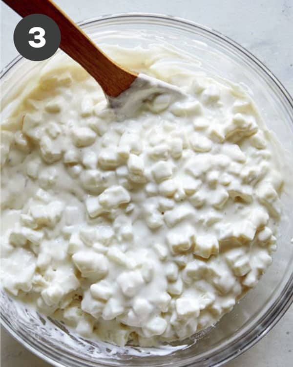 Frozen hash browns mixed with a creamy sauce.
