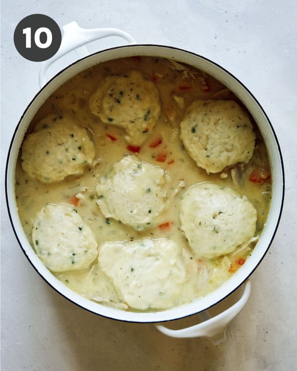 Chicken and dumplings in a pot on a kitchen counter.