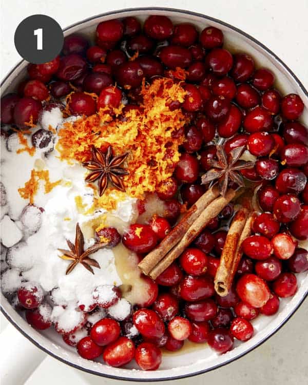 Cranberry sauce in a pot ready to be simmered. 