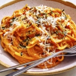 Creamy gochujang noodles in a bowl.