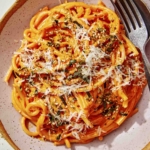 Creamy gochujang noodles in a bowl.