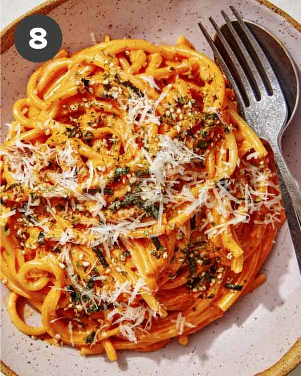 Gochujang pasta in a bowl. 