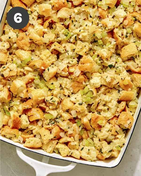 Stuffing in a baking dish getting ready to be baked.