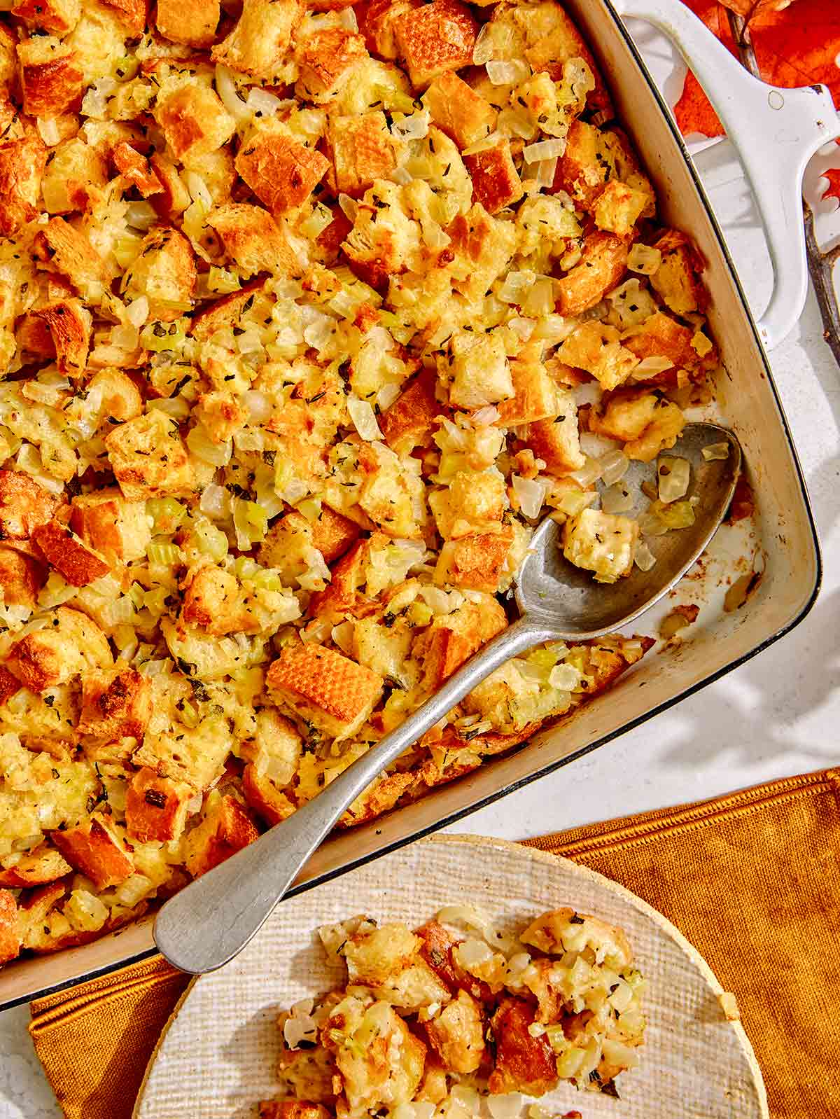Close up on a baking dish with stuffing.