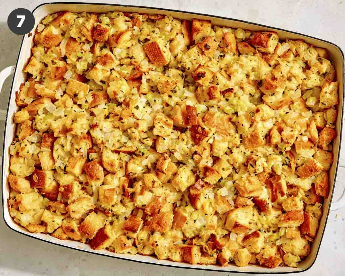 Homemade stuffing in a baking dish freshly baked. 